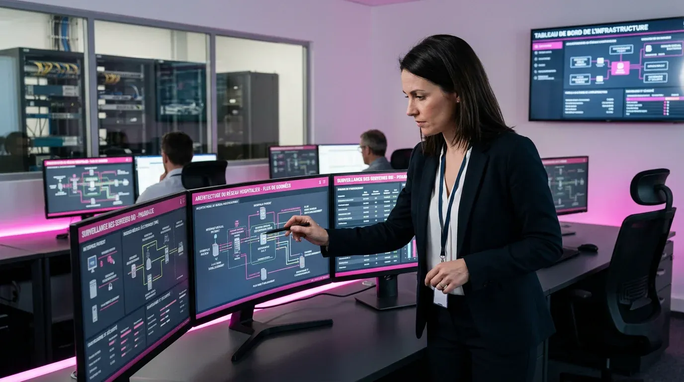 Responsable informatique hospitalier analysant des flux de données du SIH.webp